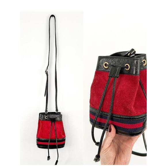 Gucci Small Ophidia Red Suede and Ribbon Patent Leather Bucket Crossbody Purse - Picture 1 of 11
